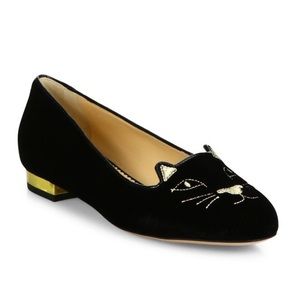 COPY - Charlotte Olympia black satin studded kitty flats